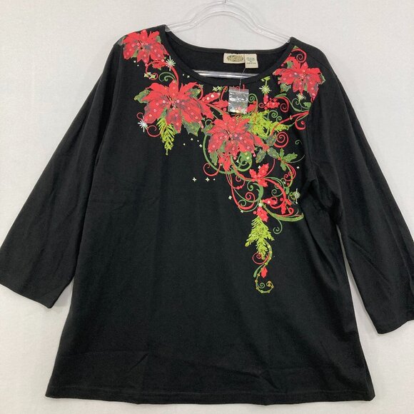 Vintage Collections Etc. sz XL Floral Sequins Festive Holiday Cotton Stretch Top - Picture 1 of 8